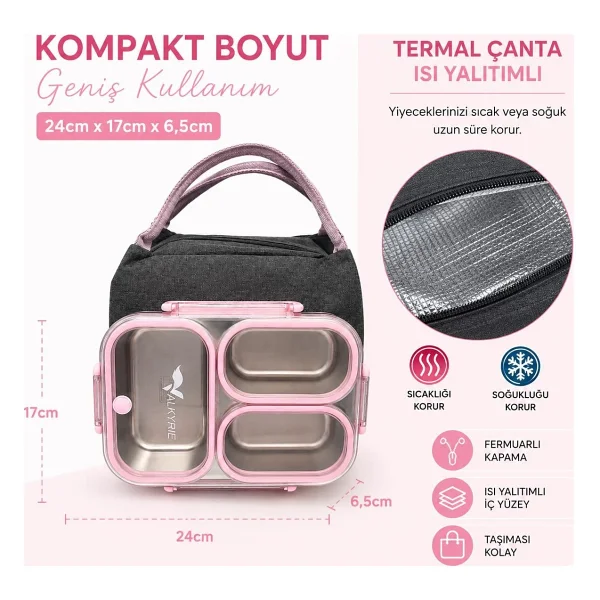 Valkyrie 304 Paslanmaz Çelik 3 Bölmeli Pembe Lunch Box Termal Çantalı - Sızdırmaz Kapaklı Beslenme Kabı, - Görsel 4