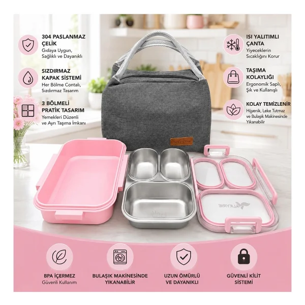Valkyrie 304 Paslanmaz Çelik 3 Bölmeli Pembe Lunch Box Termal Çantalı - Sızdırmaz Kapaklı Beslenme Kabı, - Görsel 5
