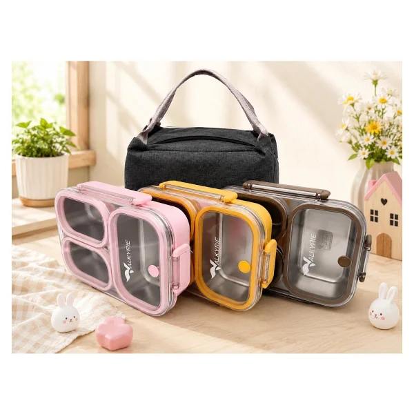 Valkyrie 304 Paslanmaz Çelik 3 Bölmeli Pembe Lunch Box Termal Çantalı - Sızdırmaz Kapaklı Beslenme Kabı, - Görsel 6