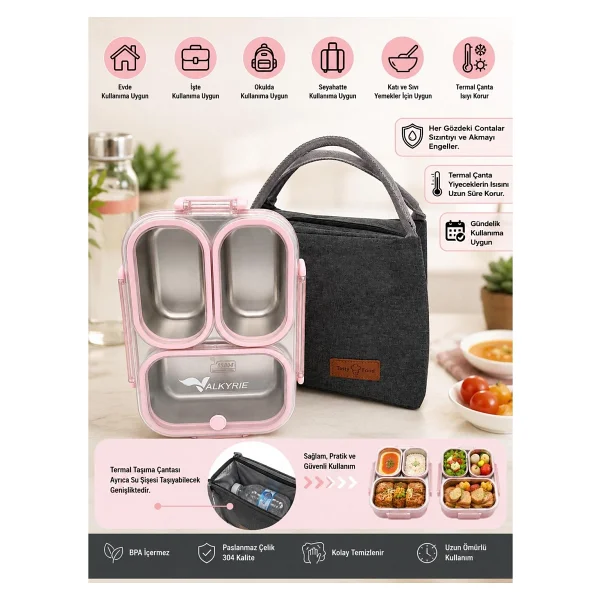 Valkyrie 304 Paslanmaz Çelik 3 Bölmeli Pembe Lunch Box Termal Çantalı - Sızdırmaz Kapaklı Beslenme Kabı, - Görsel 7