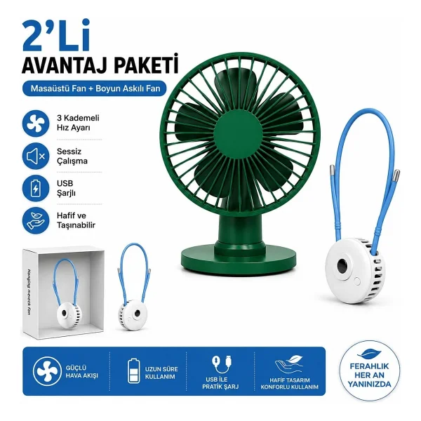Xiaomi Vh Fan Masaüstü Taşınabilir Şarjlı Fan Vantilatör + Boyun Fanı Hediye - Yeşil - Görsel 2