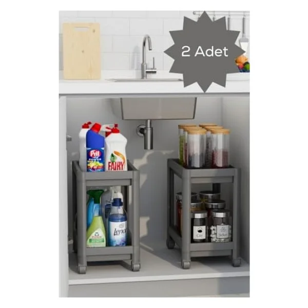 Mithra Life 2 Adet 2 Katlı Tekerlekli Tezgah Altı Gri Banyo Mutfak Rafı Mıt1124 - Görsel 3