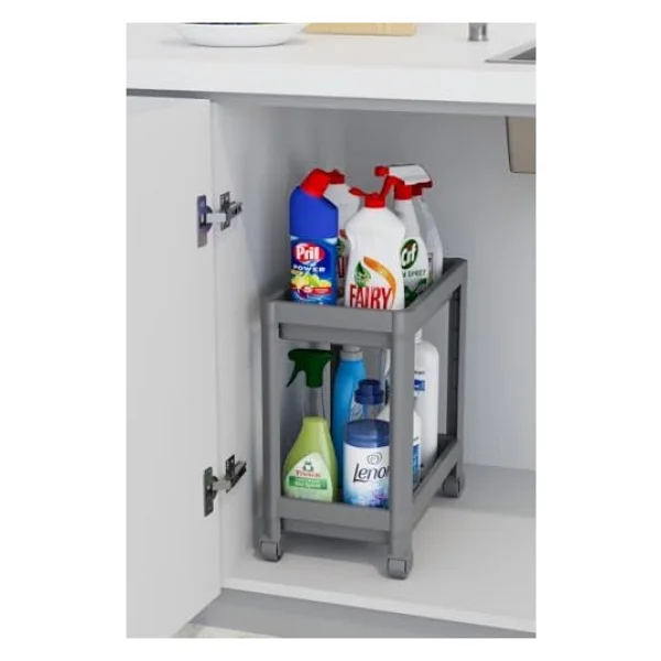 Mithra Life 2 Adet 2 Katlı Tekerlekli Tezgah Altı Gri Banyo Mutfak Rafı Mıt1124 - Görsel 4