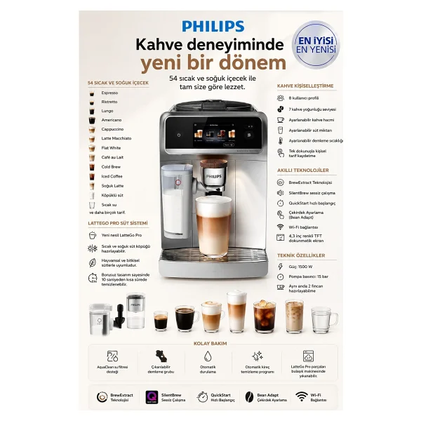 Philips 8000 Serisi Lattego Pro Kahve Makinesi Evde Kafe Kalitesi 54 Farklı Sıcak Ve Soğuk Içecek Silentbrew Teknolojisi İle Daha Sessiz - Görsel 2