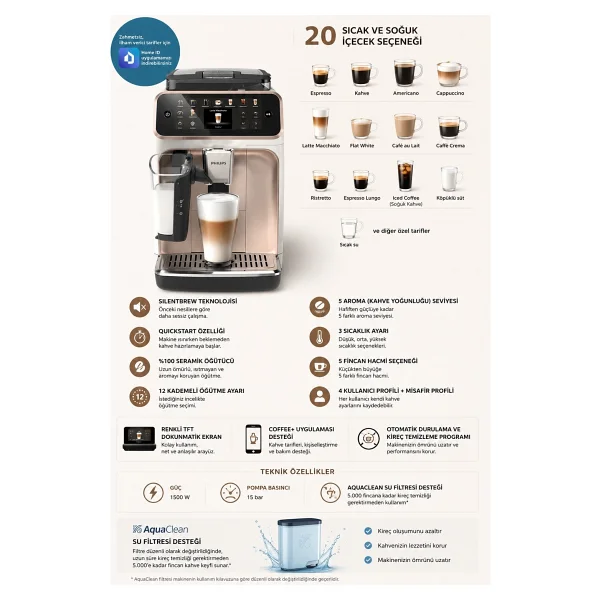 Philips 5500 Serisi Lattego Tam Otomatik Seramik Öğütücülü Espresso Makinesi 20 Çeşit Kahve Sessiz Teknoloji - 43.3 X 24.6 X 37.1 - Görsel 2