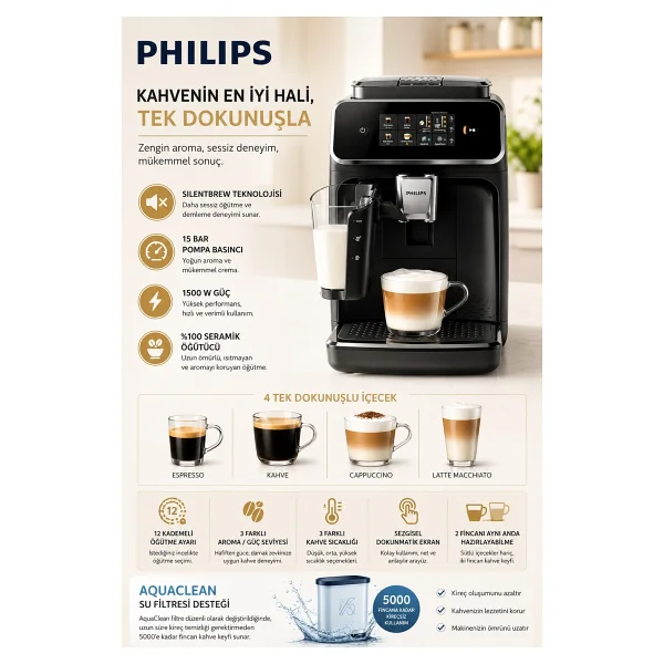 Philips Lattego Tam Otomatik Espresso Makinesi, 4 Farklı Kahve Coffee+ Mobil Uygulaması %100 Seramik Öğütücülerle Zenginleştirilmiş Aroma - Siyah - Görsel 2