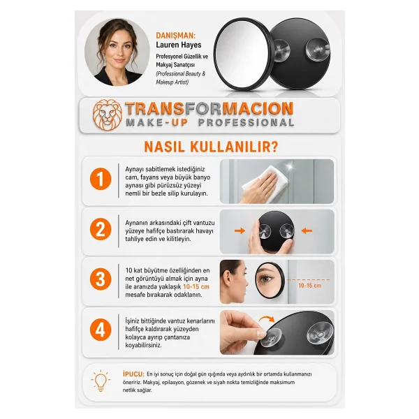 Transformacion 10x Büyüteçli Makyaj Aynası - Çift Vantuzlu Kristal Akrilik 9 Cm Taşınabilir Seyahat Tipi Büyüteçli Ayna, Hassas Epilasyon, Gözenek Ve Siyah Nokta Temizleme Aynası 723340 - Görsel 2