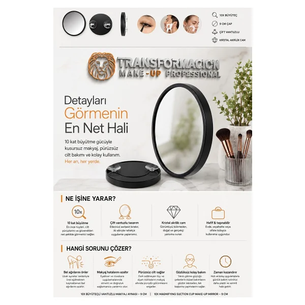 Transformacion 10x Büyüteçli Makyaj Aynası - Çift Vantuzlu Kristal Akrilik 9 Cm Taşınabilir Seyahat Tipi Büyüteçli Ayna, Hassas Epilasyon, Gözenek Ve Siyah Nokta Temizleme Aynası 723340 - Görsel 3