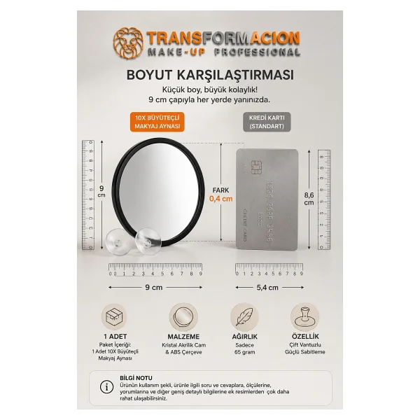 Transformacion 10x Büyüteçli Makyaj Aynası - Çift Vantuzlu Kristal Akrilik 9 Cm Taşınabilir Seyahat Tipi Büyüteçli Ayna, Hassas Epilasyon, Gözenek Ve Siyah Nokta Temizleme Aynası 723340 - Görsel 4