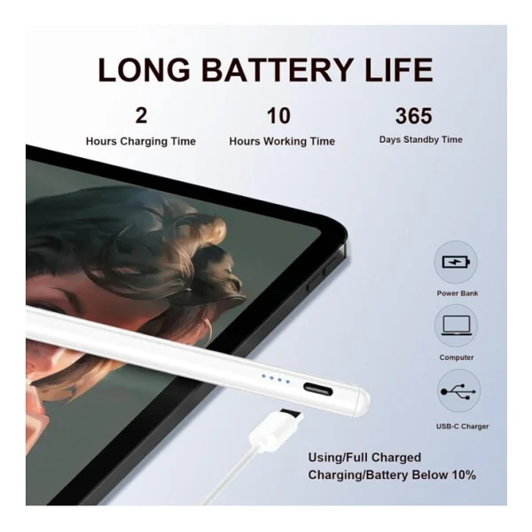 Fioplus Fp01 Beyaz Stylus Kalem - 4096 Basınçlı, Hassas Dokunmatik Tablet Kalemi + 1 Yedek Uç - Görsel 3