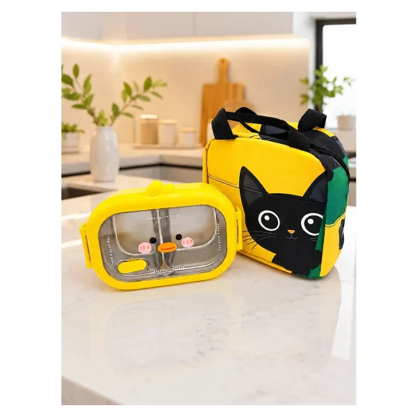 Valkyrie 304 Paslanmaz Çelik Çocuk Beslenme Kabı Kedili Termal Çantalı 2 Bölmeli Lunch Box Yemek Kabı - Görsel 8