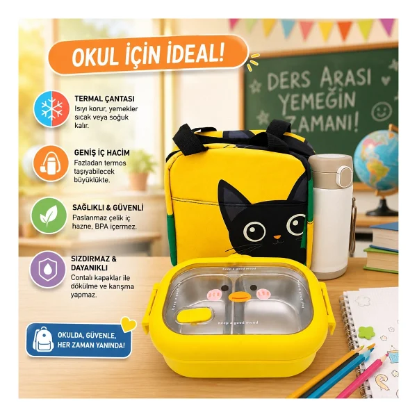 Valkyrie 304 Paslanmaz Çelik Çocuk Beslenme Kabı Kedili Termal Çantalı 2 Bölmeli Lunch Box Yemek Kabı - Görsel 2