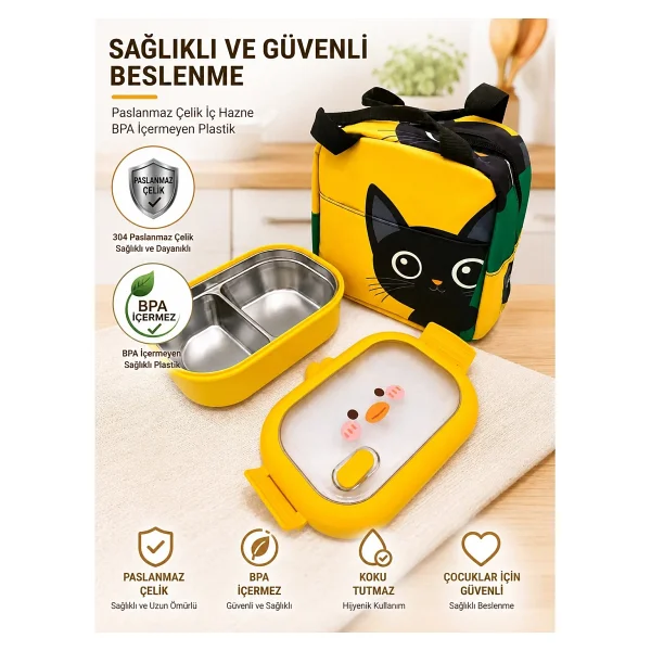 Valkyrie 304 Paslanmaz Çelik Çocuk Beslenme Kabı Kedili Termal Çantalı 2 Bölmeli Lunch Box Yemek Kabı - Görsel 3