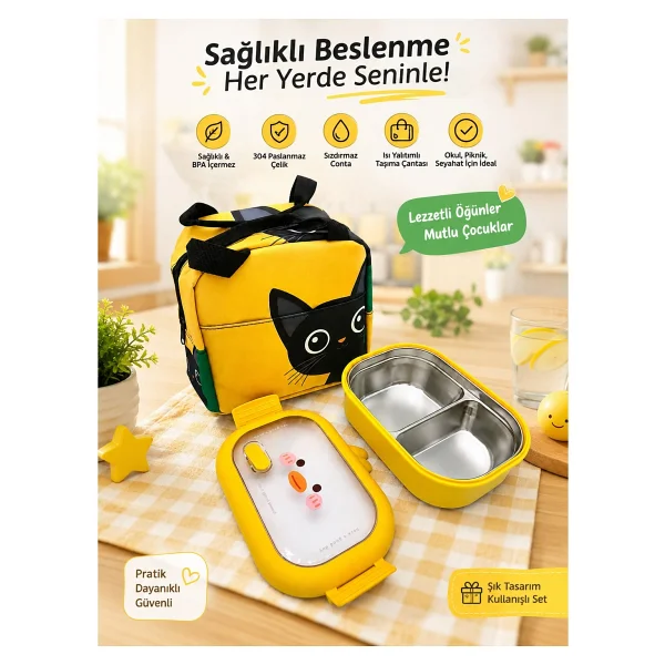 Valkyrie 304 Paslanmaz Çelik Çocuk Beslenme Kabı Kedili Termal Çantalı 2 Bölmeli Lunch Box Yemek Kabı - Görsel 4