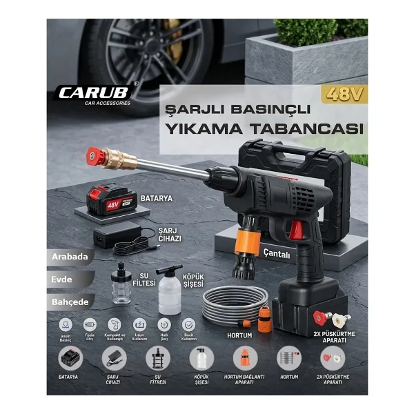 Carub 48v Şarjlı Oto Yıkama, Bahçe Sulama Tabancası Makinesi Yüksek Basınçlı - Görsel 4