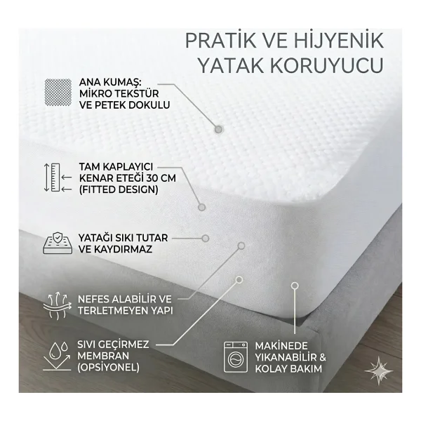 Embays 160x200 Cm Çift Kişilik Dört Köşe Lastikli Yatak Koruyucu Alezi - Beyaz - 160 X 200 Cm - Görsel 2