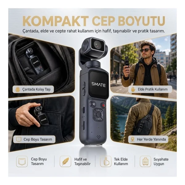 Smate 4K Pocket Camera Profesyonel Vlog Kamerası Gimbal Özellikli Titreşim Önleyici Otomatik Dönüş Ve Yüz Takibi - Siyah - Görsel 2