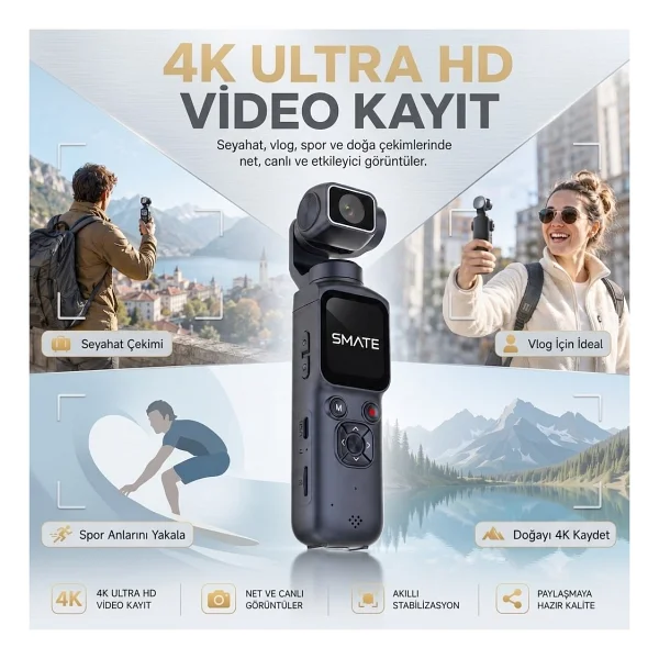 Smate 4K Pocket Camera Profesyonel Vlog Kamerası Gimbal Özellikli Titreşim Önleyici Otomatik Dönüş Ve Yüz Takibi - Siyah - Görsel 3