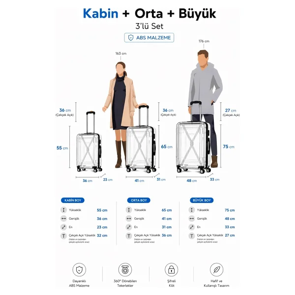 Polo&Sky Altuğ Abs Mor Kabin + Orta + Büyük 3'lü Valiz Seti - Görsel 7