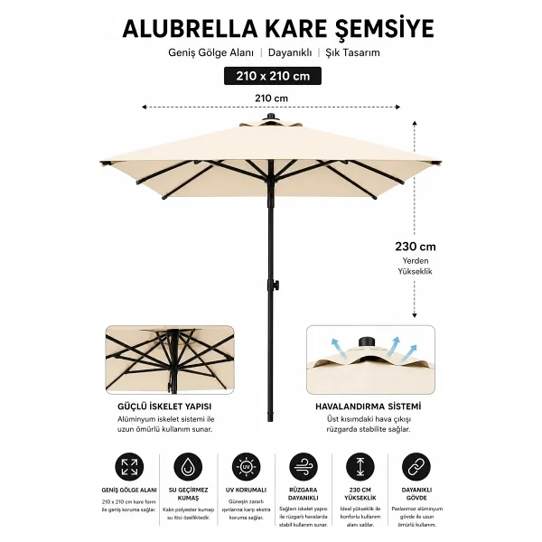 Alubrella Güneş Şemsiyesi Kare, 210 Cm, Krem Rengi Su Geçirmez Kumaş - Görsel 7