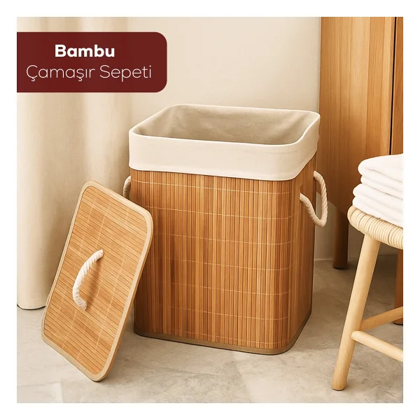 Porsima Pbt-053 Kapaklı Kirli Çamaşır Sepeti Dikdörtgen - Bambu Kirli Çamaşır Sepeti Bambu - Görsel 7