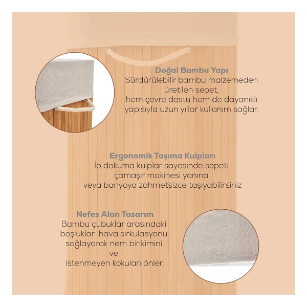 Porsima Pbt-053 Kapaklı Kirli Çamaşır Sepeti Dikdörtgen - Bambu Kirli Çamaşır Sepeti Bambu - Görsel 4