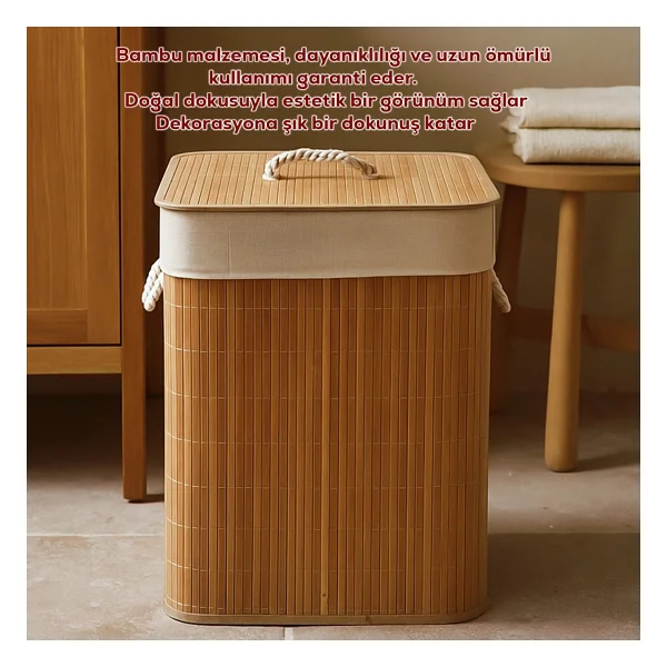 Porsima Pbt-053 Kapaklı Kirli Çamaşır Sepeti Dikdörtgen - Bambu Kirli Çamaşır Sepeti Bambu - Görsel 5