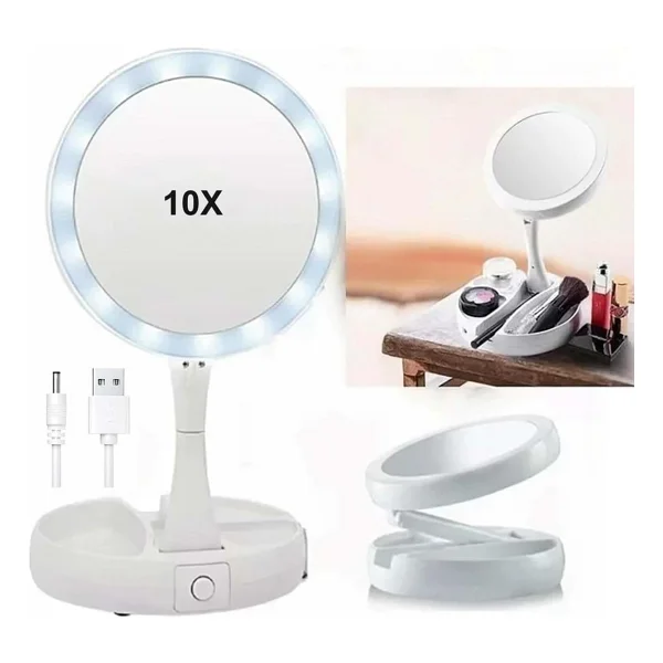 10x Büyütme Çift Taraflı Makyaj Ayna Katlanabilir 21 LED Işıklı Makyaj Aynası USB Kablo - Görsel 2