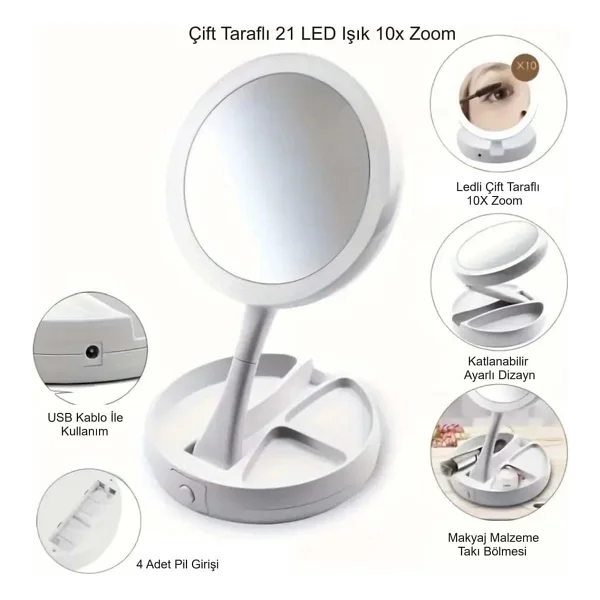 10x Büyütme Çift Taraflı Makyaj Ayna Katlanabilir 21 LED Işıklı Makyaj Aynası USB Kablo - Görsel 3
