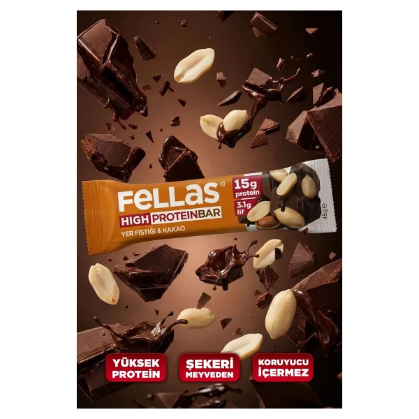 Fellas Yüksek Protein Bar - Yer Fıstıklı Ve Kakaolu (45 G) X 12 Adet - Görsel 8