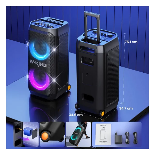 W-King W-Kıng T12 Bluetooth Hoparlör, 270w Rms Partybox Ultra Bass, 24 Saate Varan Çalma Süresi, 6 RGB Işık Modu, Ipx5, Kablosuz Stereo TWS, Otg/USB/Tf/Aux/Bluetooth 5.4, Ses Bombası, Siyah - Renk - Görsel 3