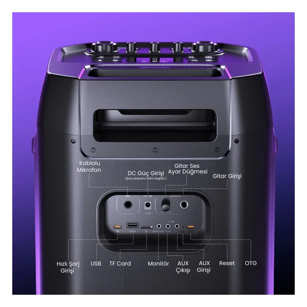 W-King W-Kıng T12 Bluetooth Hoparlör, 270w Rms Partybox Ultra Bass, 24 Saate Varan Çalma Süresi, 6 RGB Işık Modu, Ipx5, Kablosuz Stereo TWS, Otg/USB/Tf/Aux/Bluetooth 5.4, Ses Bombası, Siyah - Renk - Görsel 4