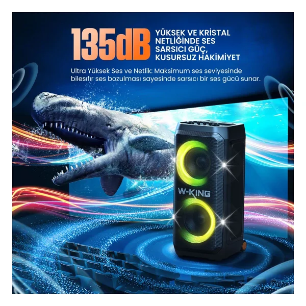 W-King W-Kıng T12 Bluetooth Hoparlör, 270w Rms Partybox Ultra Bass, 24 Saate Varan Çalma Süresi, 6 RGB Işık Modu, Ipx5, Kablosuz Stereo TWS, Otg/USB/Tf/Aux/Bluetooth 5.4, Ses Bombası, Siyah - Renk - Görsel 5