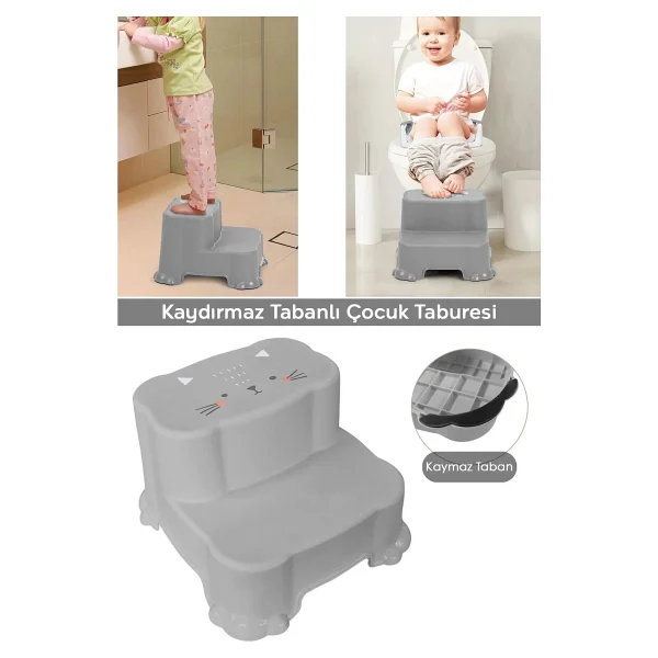 Meleni Baby Kaydırmaz Çocuk Taburesi - Çift Basamaklı Banyo Lavabo Merdiven Yükseltici Bebek Basamağı - Gri - Görsel 5