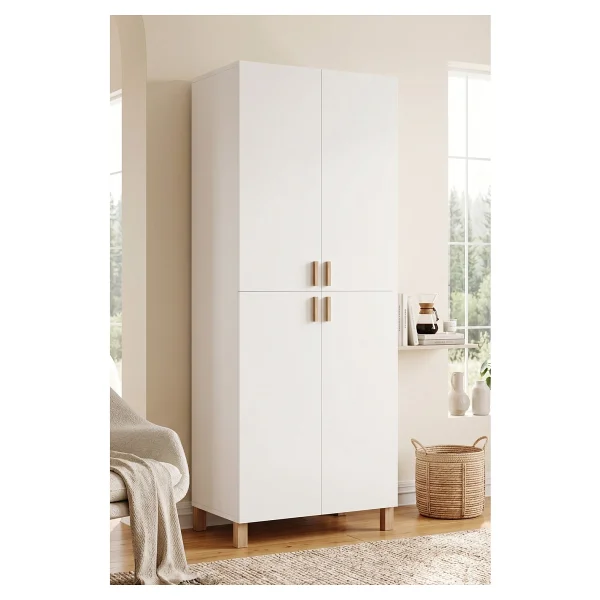 Yurudesign Oslo 4 Kapaklı Ahşap Ayaklı Geniş Çok Amaçlı Dolap Ayakkabılık Mutfak Kiler Banyo Erzak Dolabı Beyaz Ol2-W - Görsel 6