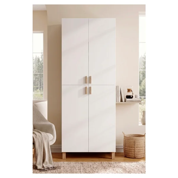 Yurudesign Oslo 4 Kapaklı Ahşap Ayaklı Geniş Çok Amaçlı Dolap Ayakkabılık Mutfak Kiler Banyo Erzak Dolabı Beyaz Ol2-W - Görsel 3
