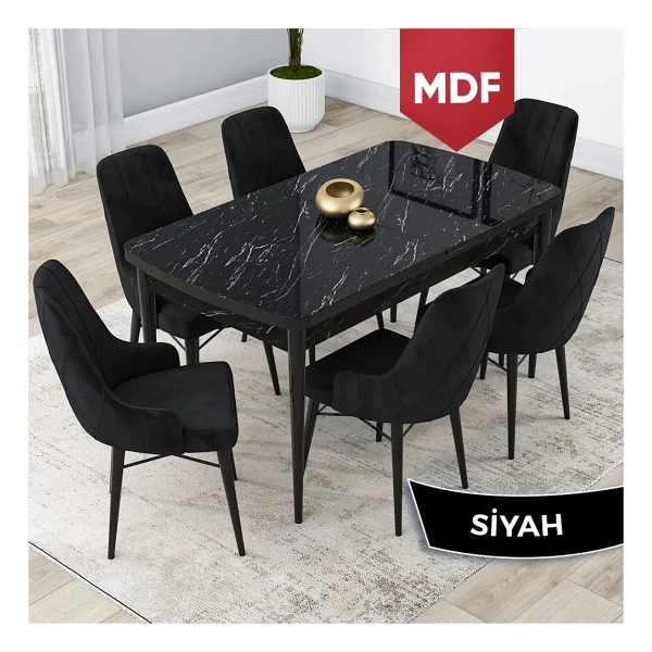 Canisa Concept Lia Serisi, 80x132 Açılabilir Mutfak Masa Takımı, Siyah Mermer Desen Masa 6 Gri Sandalye - Görsel 9