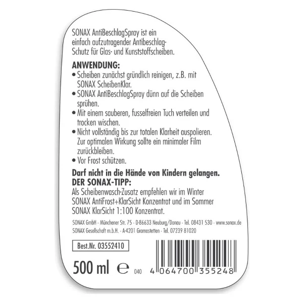Sonax 500 Ml Buğu Önleyici Sprey - Görsel 2