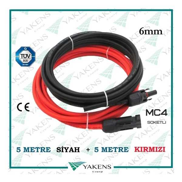 Mc4 Soketli (5m+5m) 10 Metre 6mm Güneş Paneli Hazır Solar Kablo Siyah Kırmızı - Görsel 2