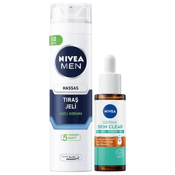 Men Erkek Hassas Tıraş Jeli 200ml Ve Derma Skin Clear Karşıtı Serum 30ml, Cilt Bakım Seti - Görsel 3