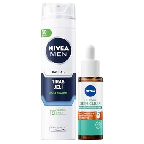 Men Erkek Hassas Tıraş Jeli 200ml Ve Derma Skin Clear Karşıtı Serum 30ml, Cilt Bakım Seti - Görsel 2