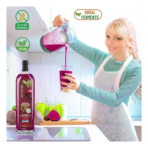 Hanzade Bitkisel Pancar Kvass Fermente Kırmızı Pancar Içeren Kür 1 Litre x 2 Adet Cam Şişe - Çok Renkli - Görsel 4