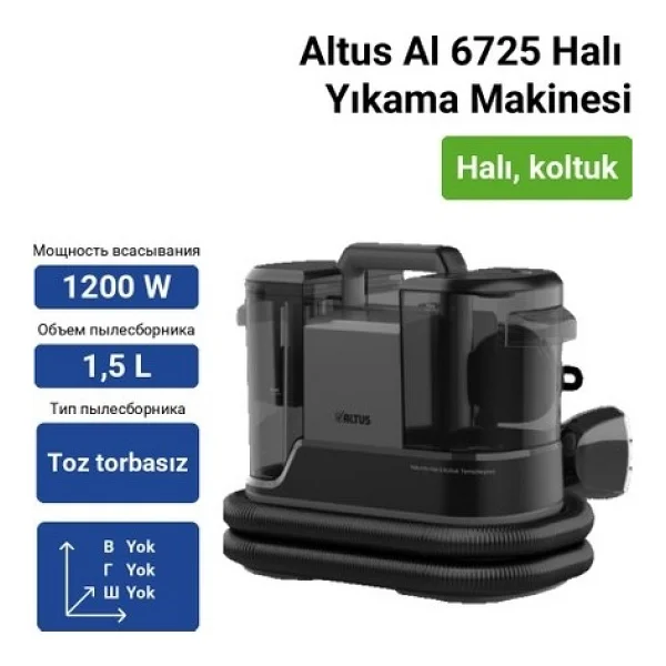Altus Halı Yıkama Makinesi 1200W Hepa Filtreli, Halı Koltuk Döşeme Yıkama, Pratik Kullanımlı Derin Temizlik Çözümü - Siyah - Görsel 3