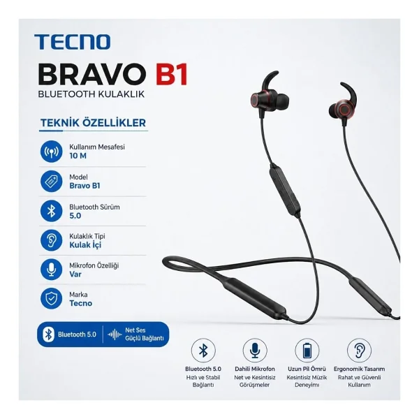 Tecno Bravo B1 Kulak İçi Bluetooth Kulaklık - Görsel 2