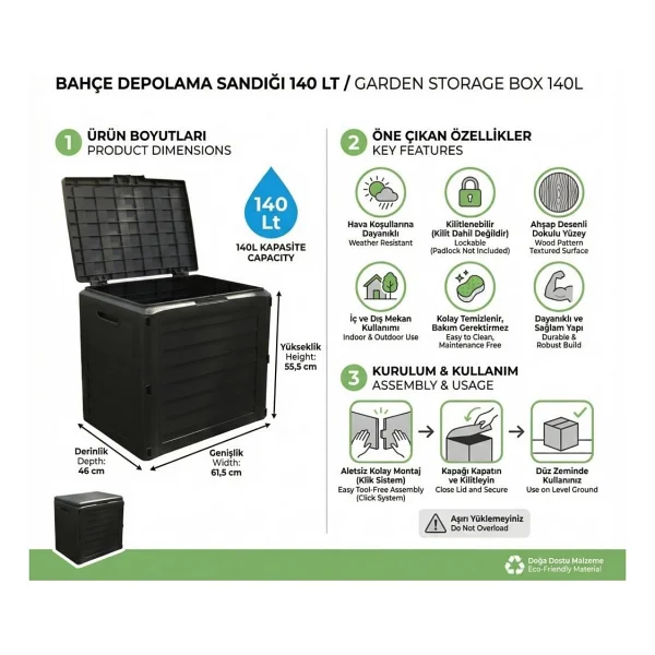 Omnipazar So-Bds0 Plastik Bahçe Depolama Sandığı Su Geçirmez 140 Litre Antrasit - Görsel 4