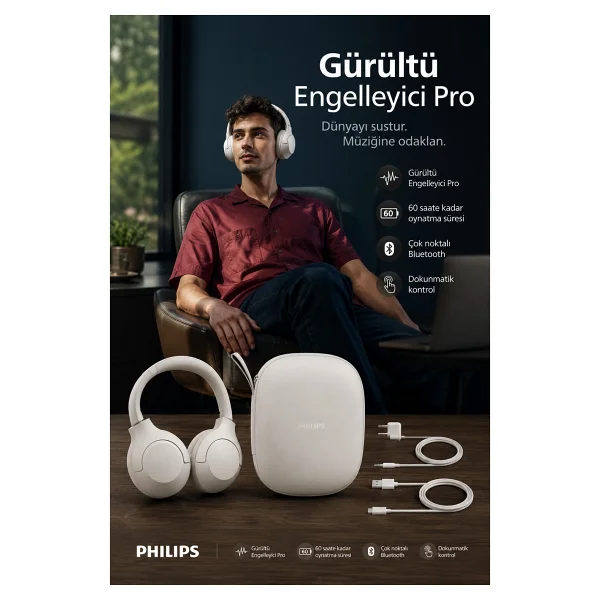 Philips Tah8506wt ANC Kulak Üstü Bluetooth Kulaklık Beyaz - Görsel 5
