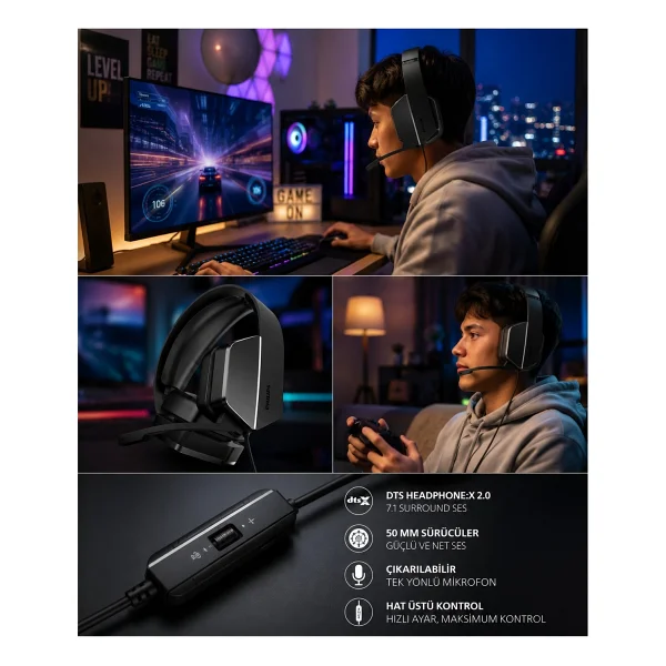 Philips Tag4106bk/00 7.1 Kablolu Mikrofonlu Oyuncu Kulaklığı - Görsel 3