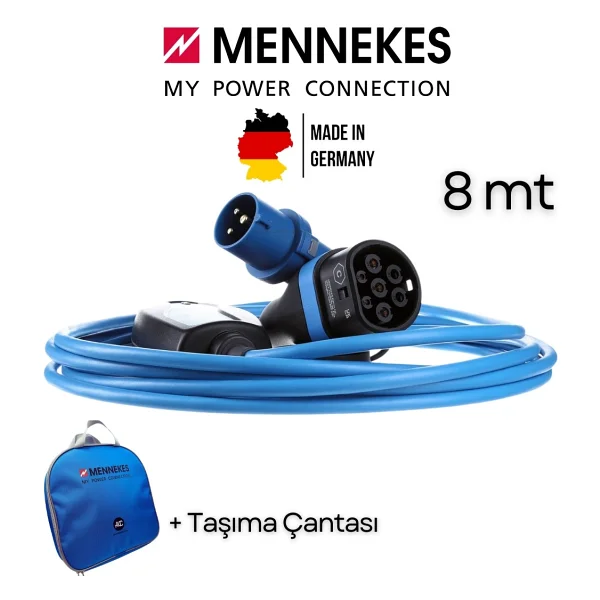 Mennekes Ev Tipi Elektrikli Araç Şarj Kablosu - 3,7kw - 8mt - Endüstriyel Priz Uyumlu - Tip2 Soketli - Taşınabilir Mobil Şarj Kablosu - Görsel 2