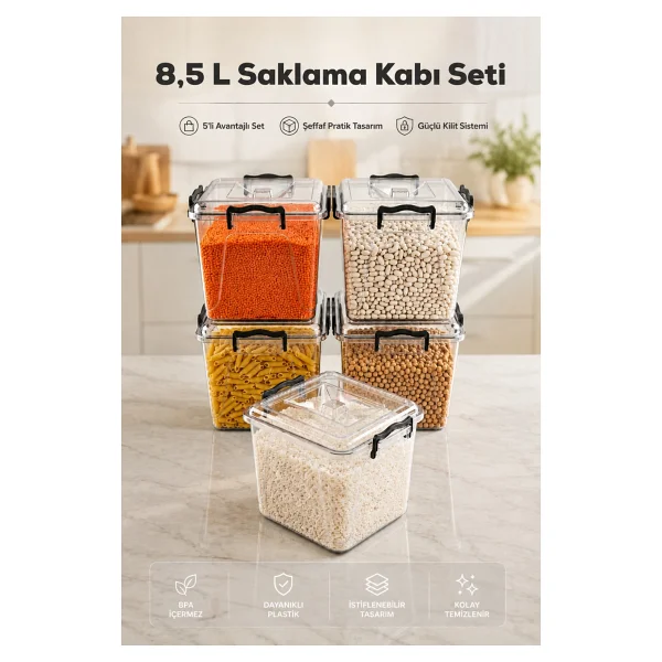 Vienev 8.5 Lt Şeffaf Plastik Erzak Saklama Kabı 5'li Set - Kapaklı Kilitli Çok Amaçlı Düzenleyici - Görsel 6