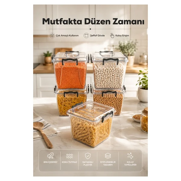 Vienev 8.5 Lt Şeffaf Plastik Erzak Saklama Kabı 5'li Set - Kapaklı Kilitli Çok Amaçlı Düzenleyici - Görsel 4